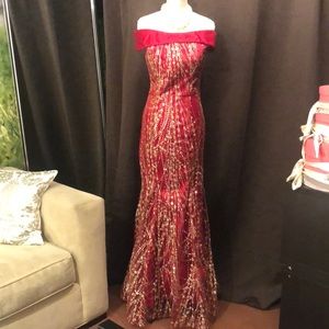 Red off shoulder mermaid gown, prom dress